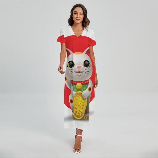 Japanese Lucky Cat Maneki Neko Print Short Sleeve Maxi Dress