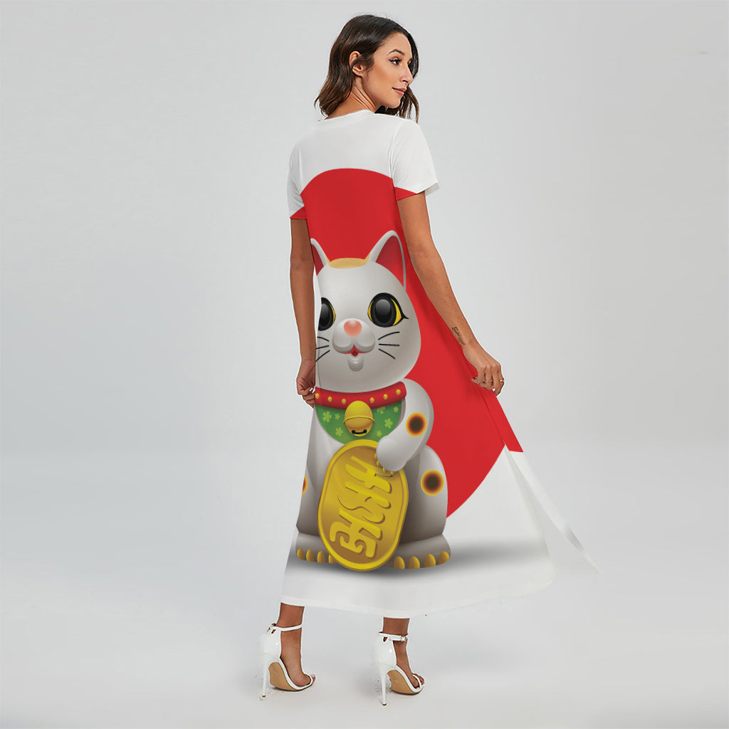 Japanese Lucky Cat Maneki Neko Print Short Sleeve Maxi Dress