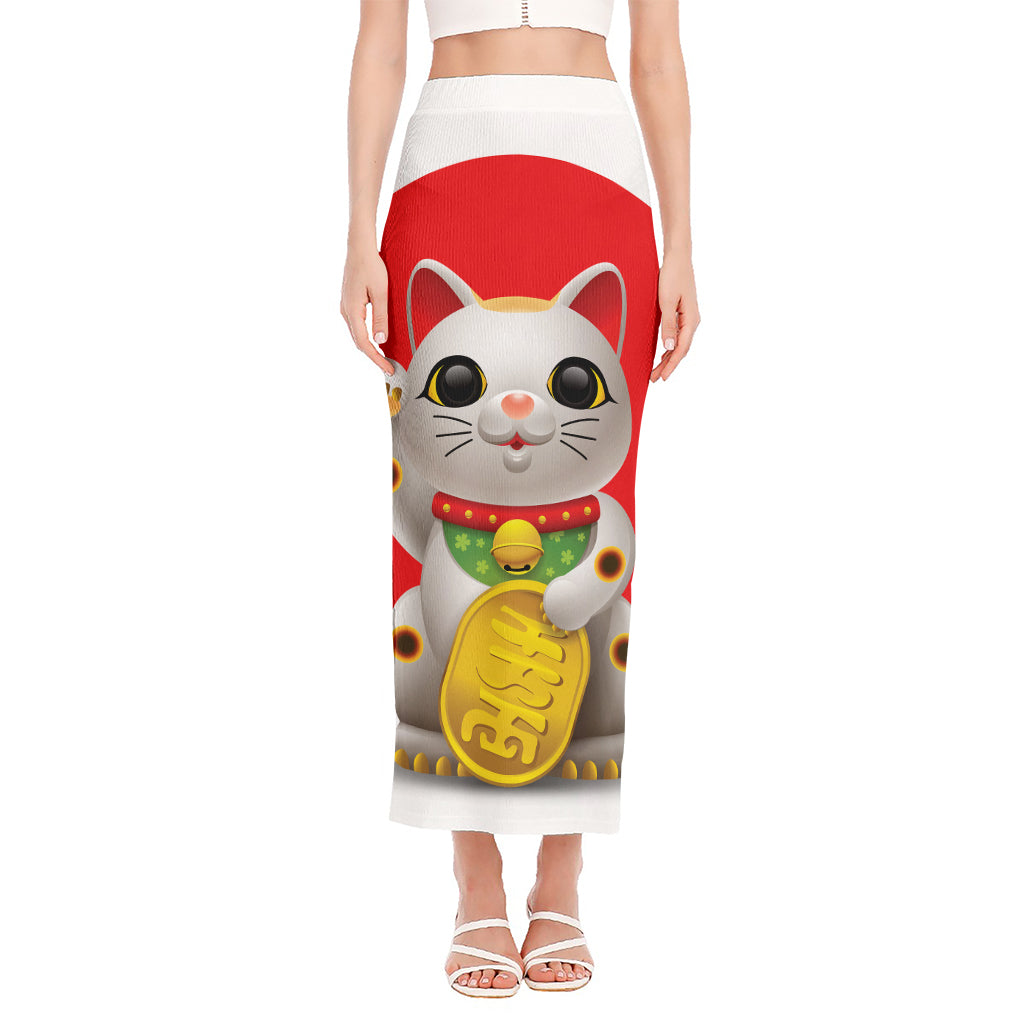 Japanese Lucky Cat Maneki Neko Print Side Slit Maxi Skirt