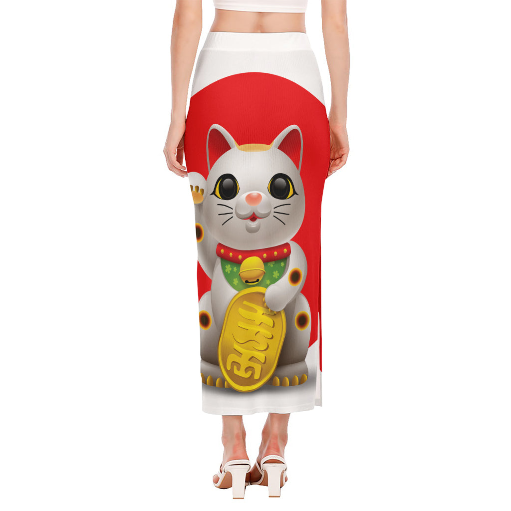 Japanese Lucky Cat Maneki Neko Print Side Slit Maxi Skirt
