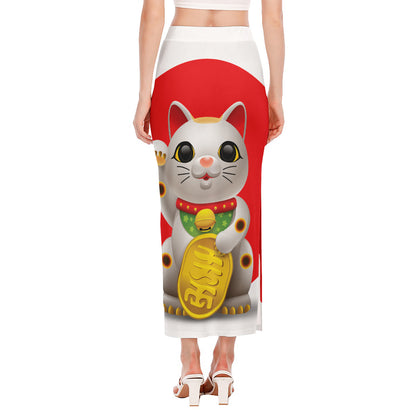 Japanese Lucky Cat Maneki Neko Print Side Slit Maxi Skirt