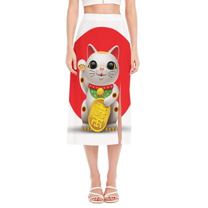 Japanese Lucky Cat Maneki Neko Print Side Slit Midi Skirt