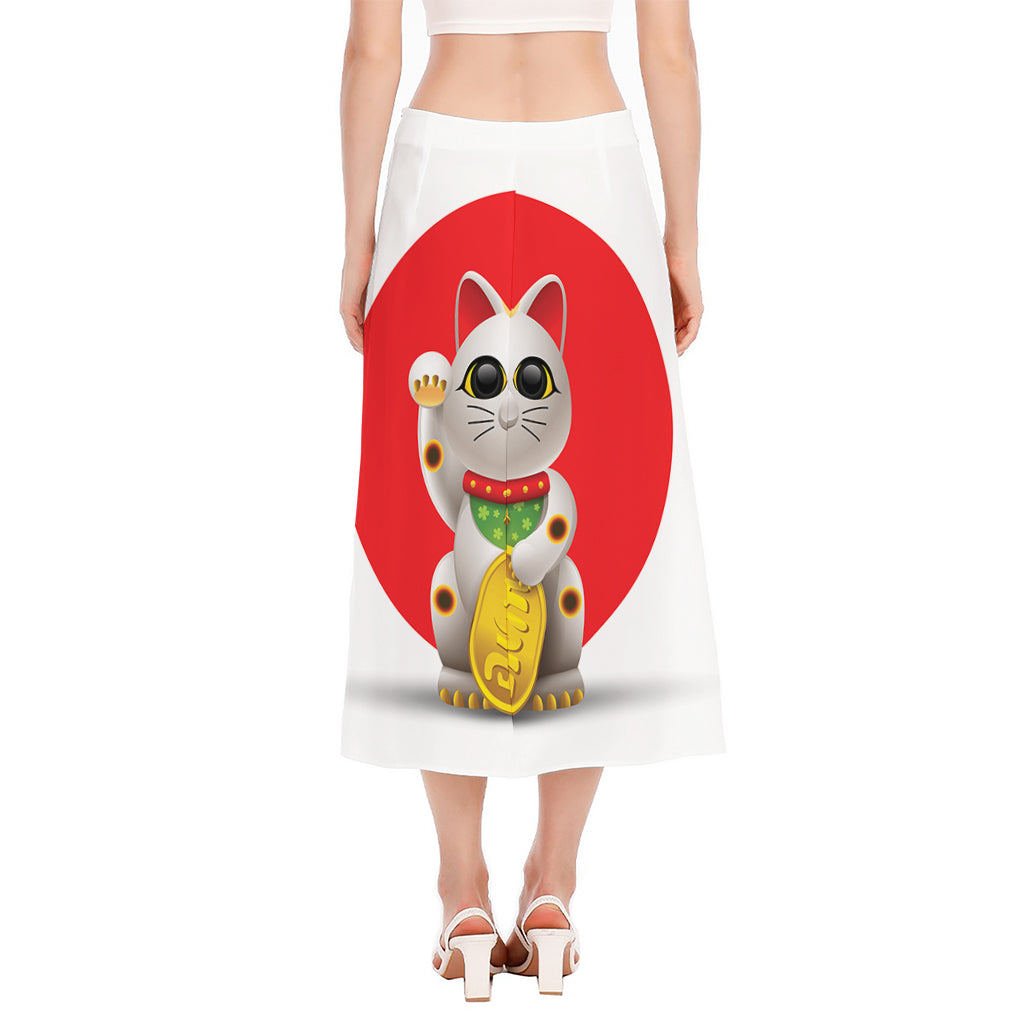 Japanese Lucky Cat Maneki Neko Print Side Slit Midi Skirt