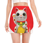Japanese Lucky Cat Maneki Neko Print Side Slit Mini Skirt