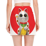 Japanese Lucky Cat Maneki Neko Print Side Slit Mini Skirt