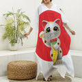 Japanese Lucky Cat Maneki Neko Print Silk V-Neck Kaftan Dress