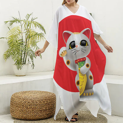 Japanese Lucky Cat Maneki Neko Print Silk V-Neck Kaftan Dress