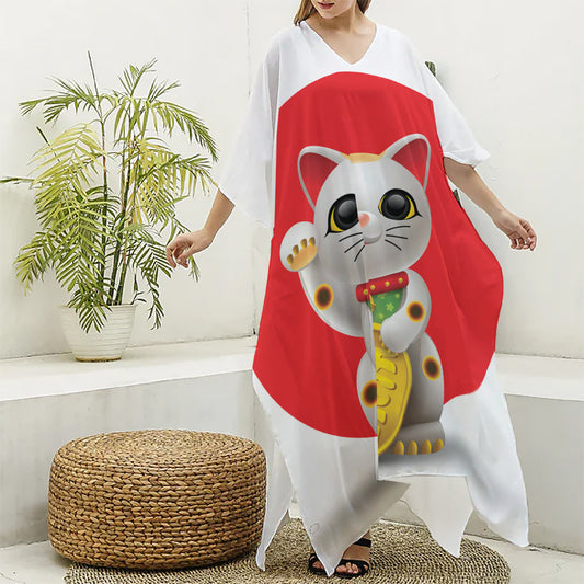 Japanese Lucky Cat Maneki Neko Print Silk V-Neck Kaftan Dress