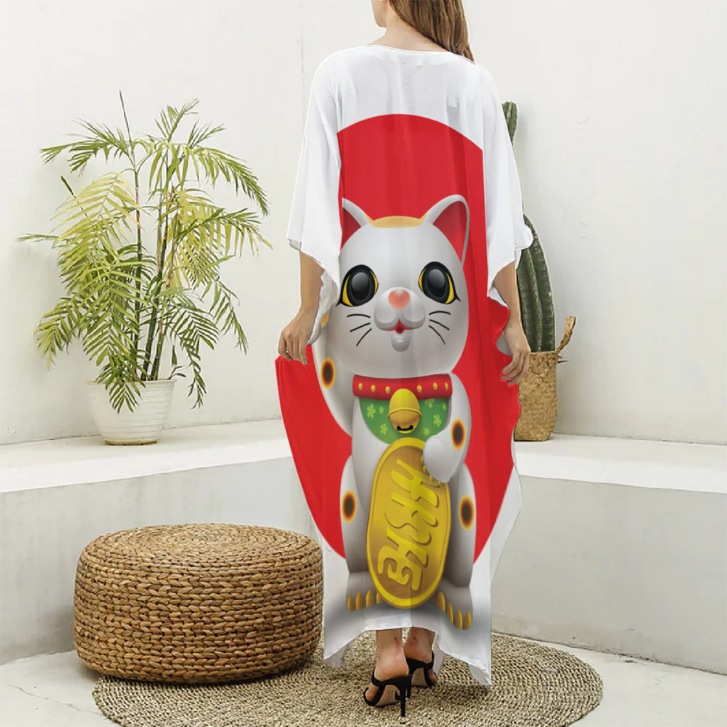 Japanese Lucky Cat Maneki Neko Print Silk V-Neck Kaftan Dress