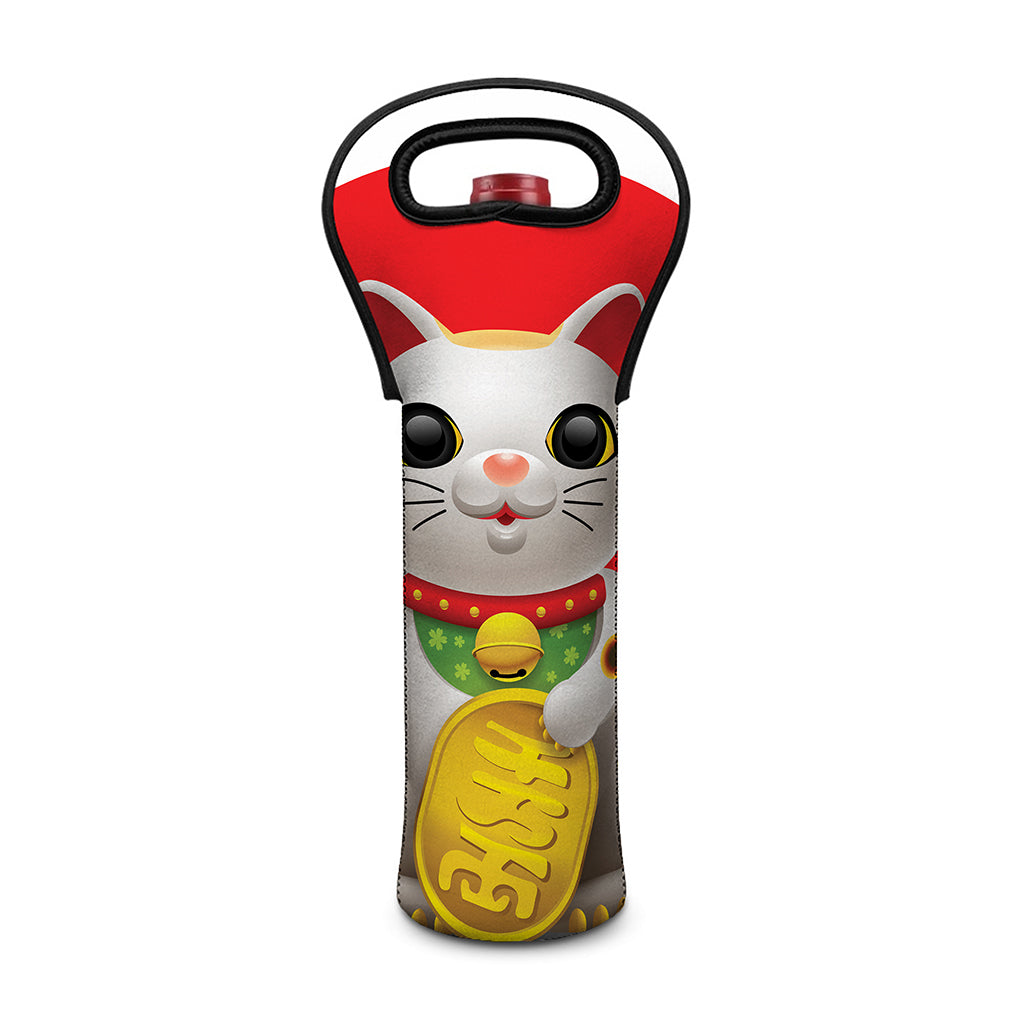 Japanese Lucky Cat Maneki Neko Print Single Neoprene Wine Tote