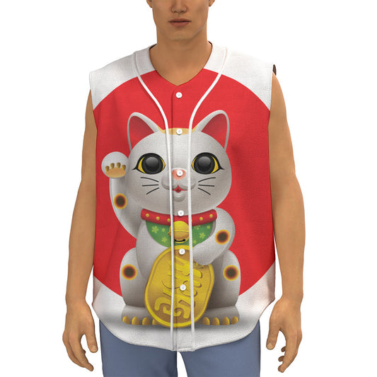 Japanese Lucky Cat Maneki Neko Print Sleeveless Baseball Jersey