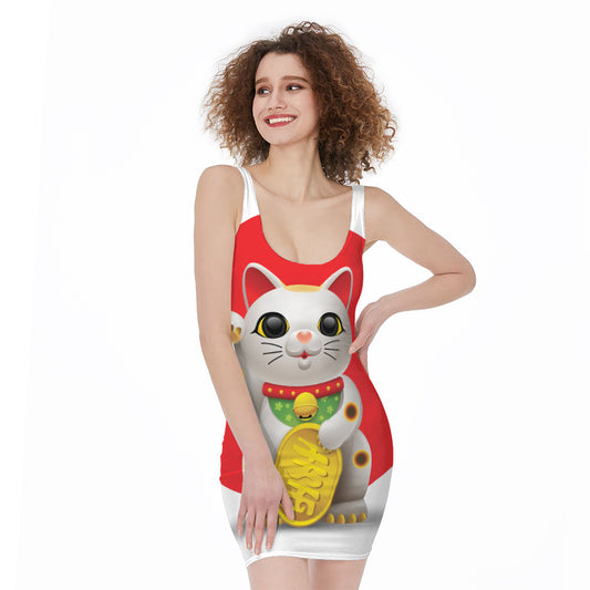 Japanese Lucky Cat Maneki Neko Print Sleeveless Bodycon Dress