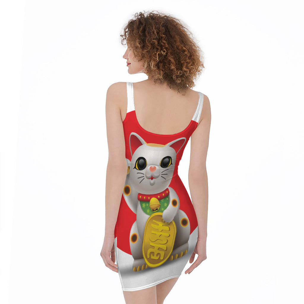 Japanese Lucky Cat Maneki Neko Print Sleeveless Bodycon Dress