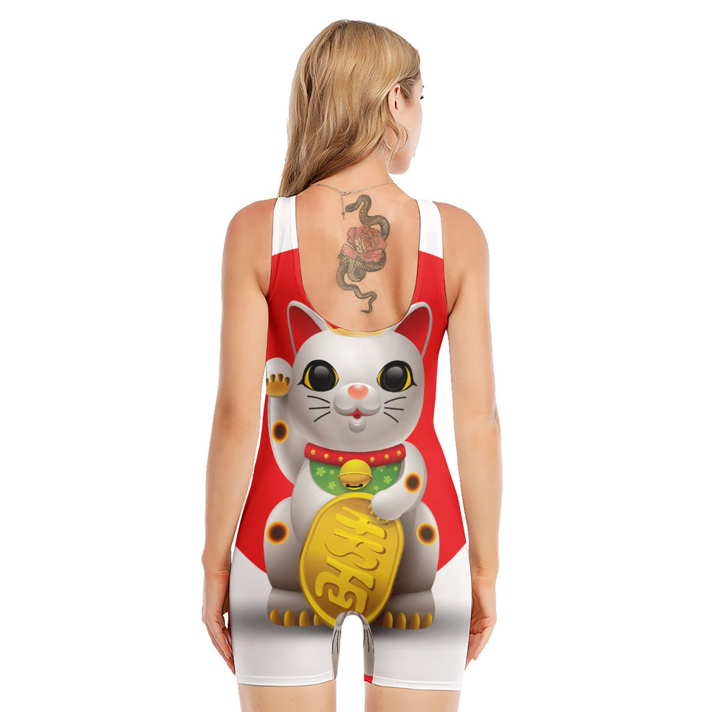 Japanese Lucky Cat Maneki Neko Print Sleeveless One Piece Swimsuit