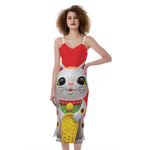 Japanese Lucky Cat Maneki Neko Print Slim Fit Midi Cami Dress