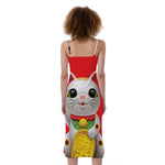 Japanese Lucky Cat Maneki Neko Print Slim Fit Midi Cami Dress