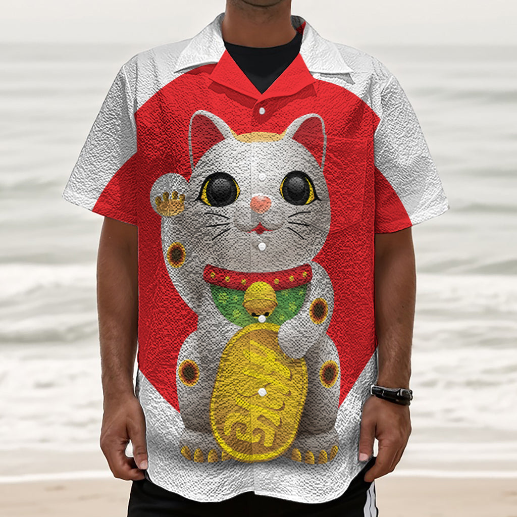 Japanese Lucky Cat Maneki Neko Print Textured Short Sleeve Shirt