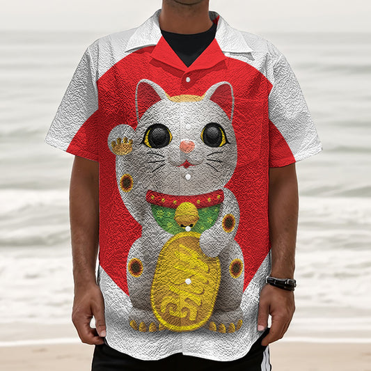 Japanese Lucky Cat Maneki Neko Print Textured Short Sleeve Shirt