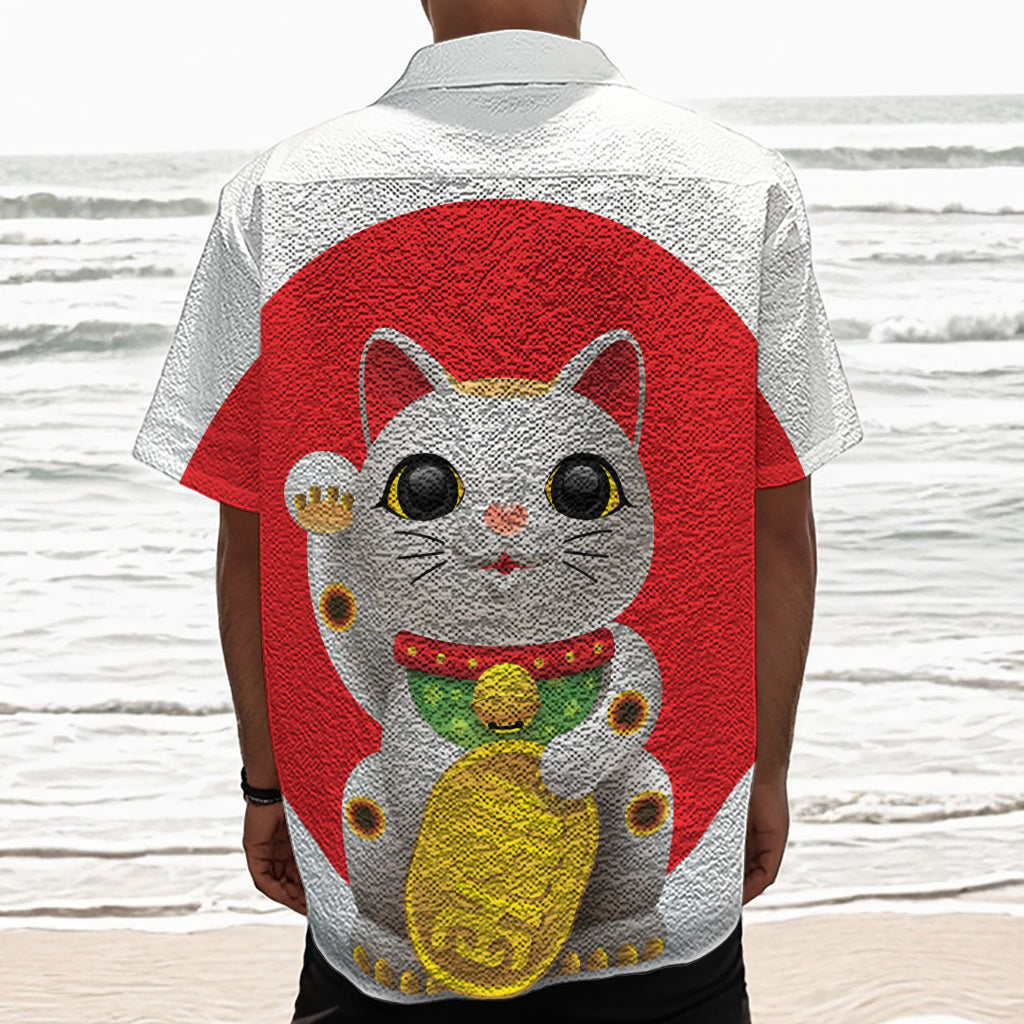 Japanese Lucky Cat Maneki Neko Print Textured Short Sleeve Shirt