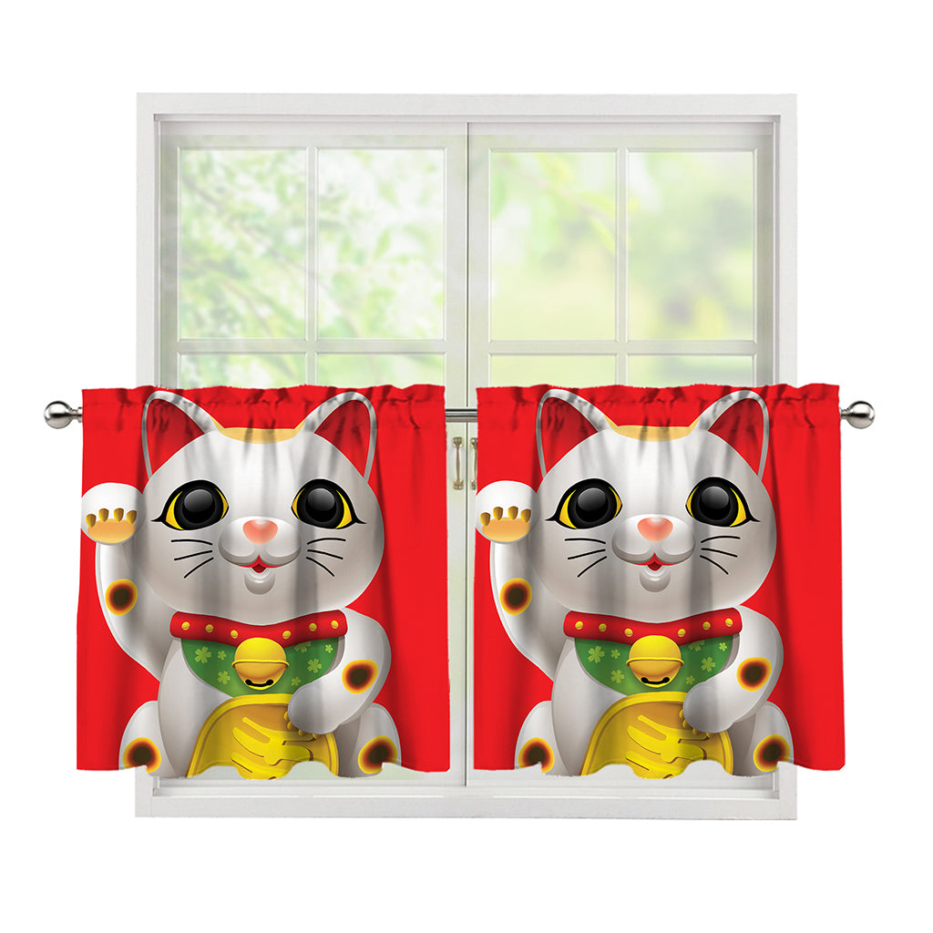 Japanese Lucky Cat Maneki Neko Print Tier Curtains