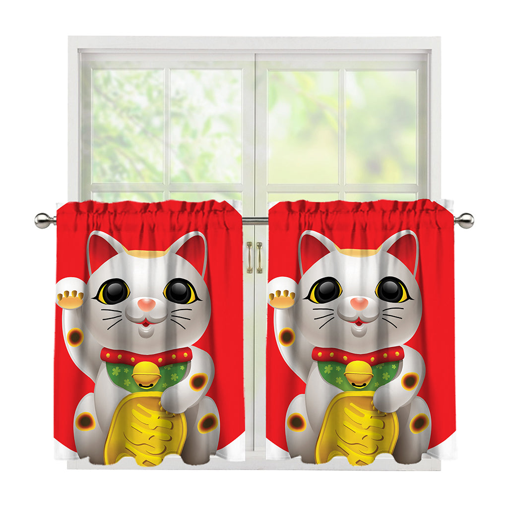 Japanese Lucky Cat Maneki Neko Print Tier Curtains