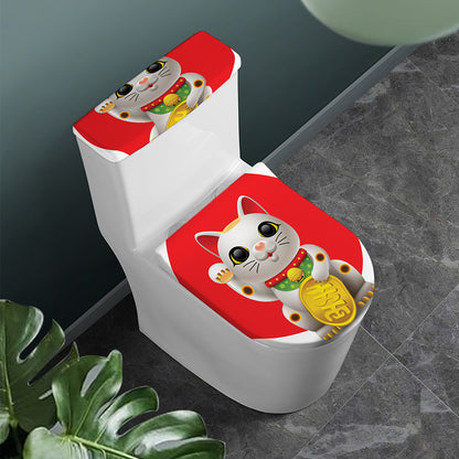 Japanese Lucky Cat Maneki Neko Print Toilet Lid And Tank Cover Set