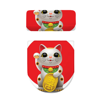 Japanese Lucky Cat Maneki Neko Print Toilet Lid And Tank Cover Set