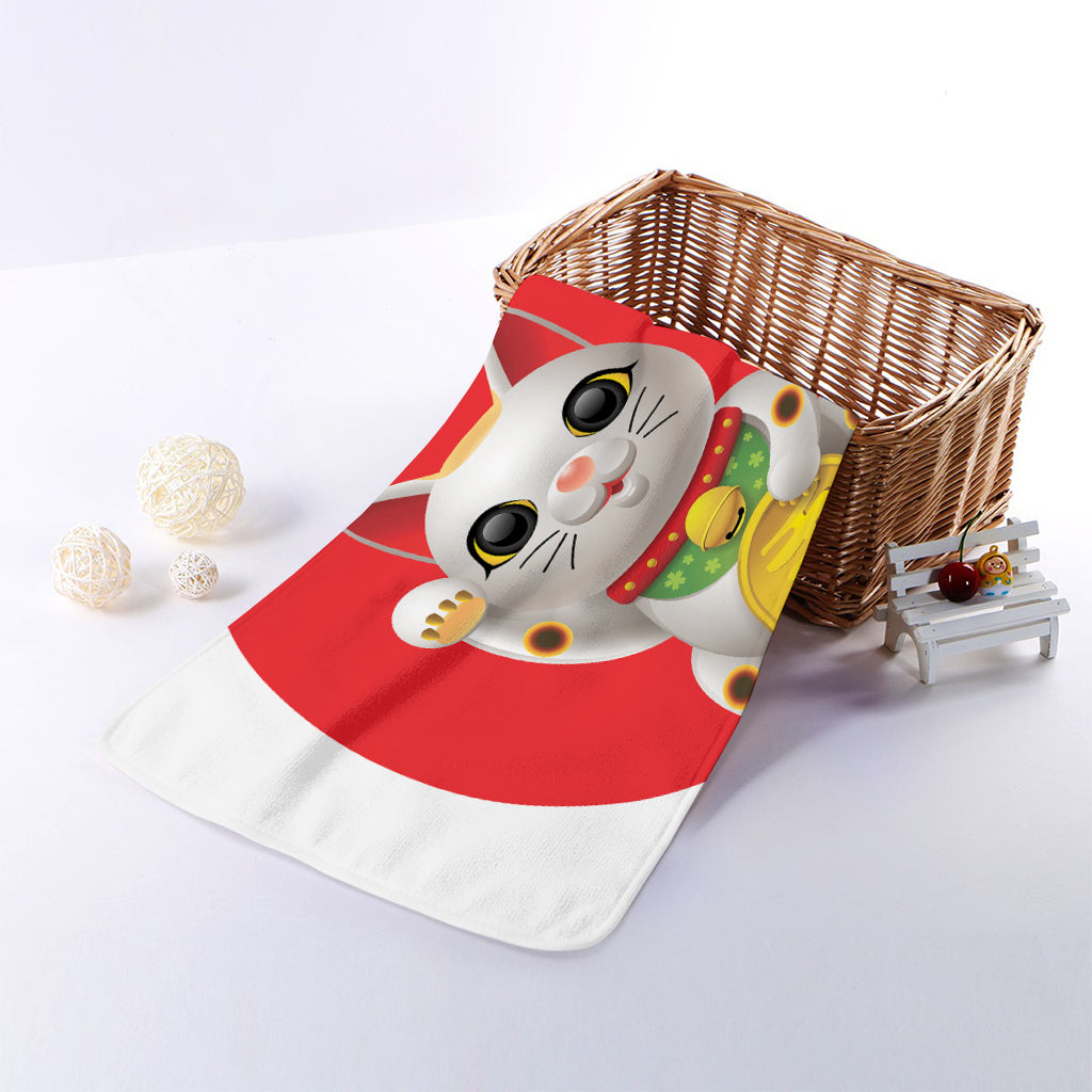 Japanese Lucky Cat Maneki Neko Print Towel