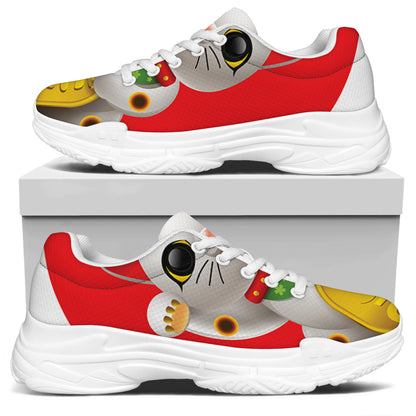 Japanese Lucky Cat Maneki Neko Print White Chunky Shoes