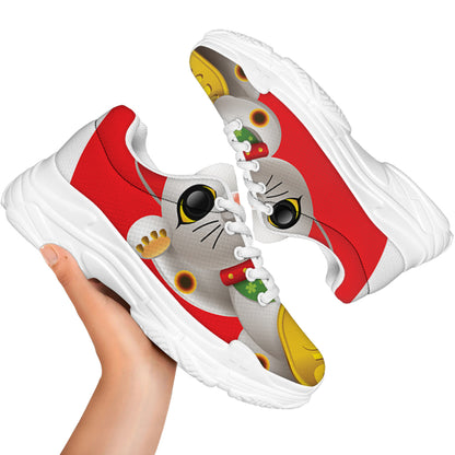 Japanese Lucky Cat Maneki Neko Print White Chunky Shoes