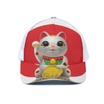 Japanese Lucky Cat Maneki Neko Print White Mesh Trucker Cap