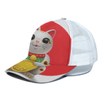 Japanese Lucky Cat Maneki Neko Print White Mesh Trucker Cap
