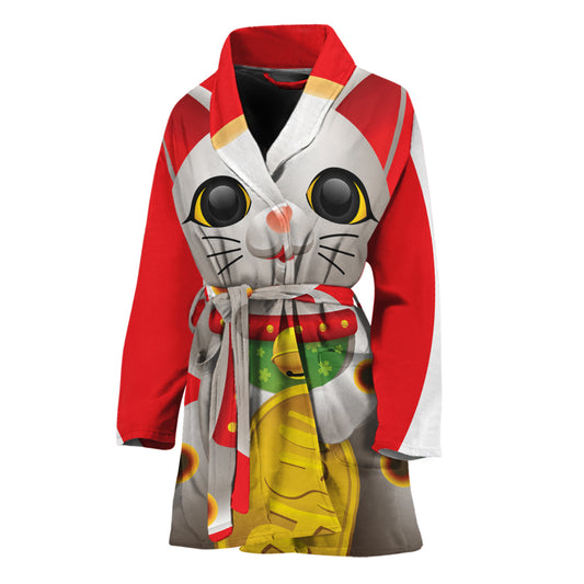 Japanese Lucky Cat Maneki Neko Print Women's Bathrobe