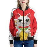Japanese Lucky Cat Maneki Neko Print Women's Bomber Jacket