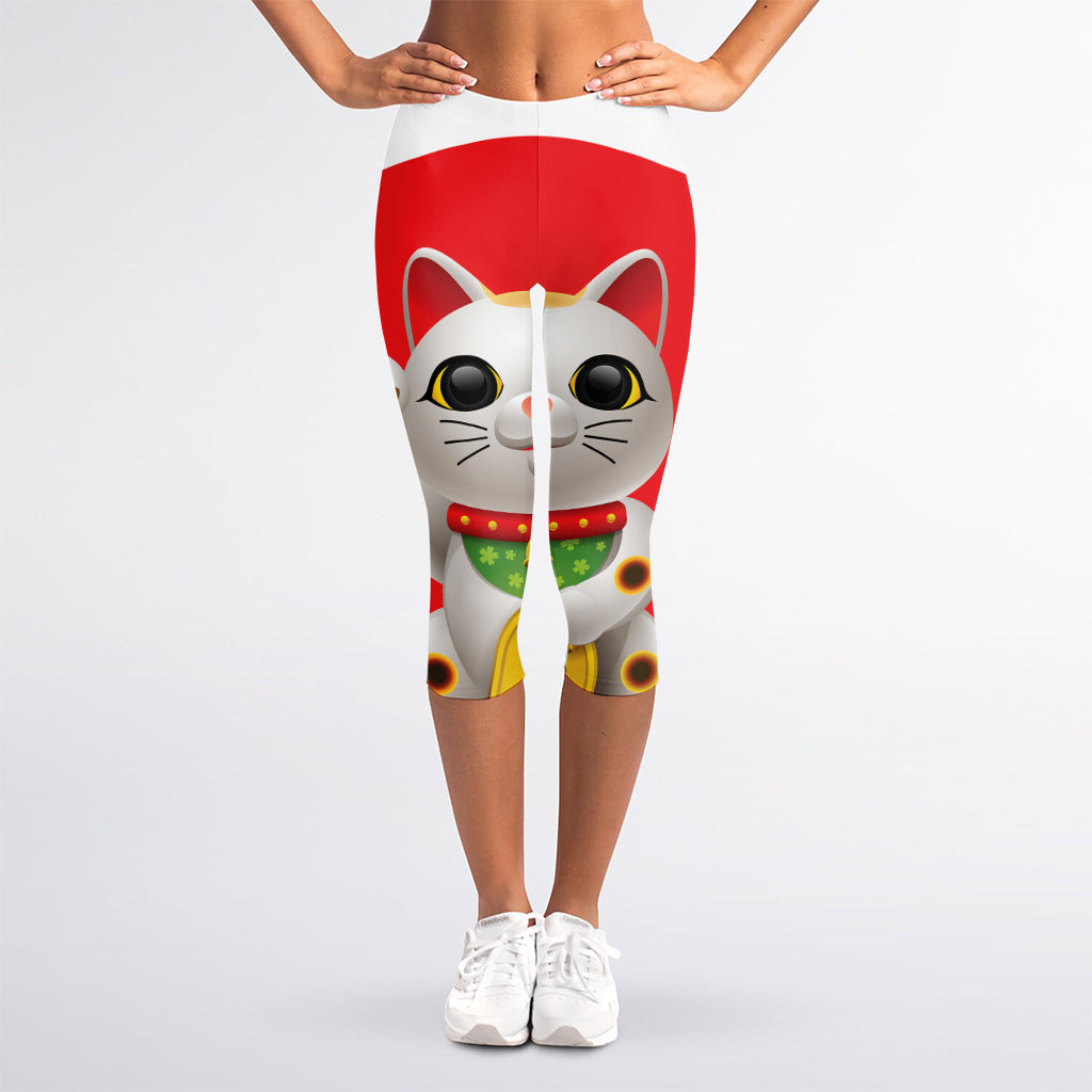 Japanese Lucky Cat Maneki Neko Print Women's Capri Leggings