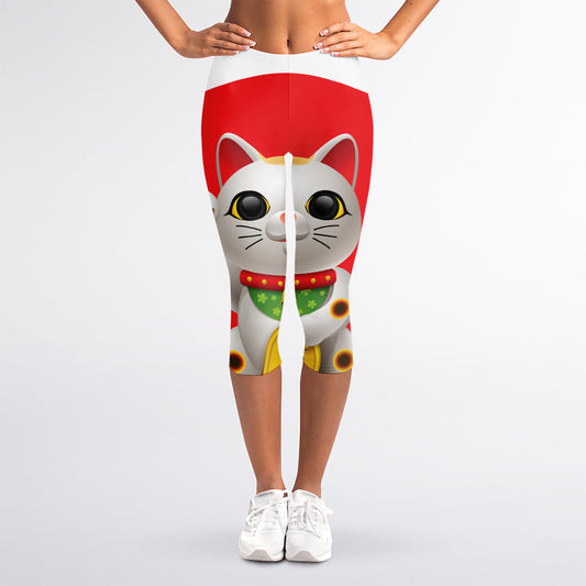 Japanese Lucky Cat Maneki Neko Print Women's Capri Leggings