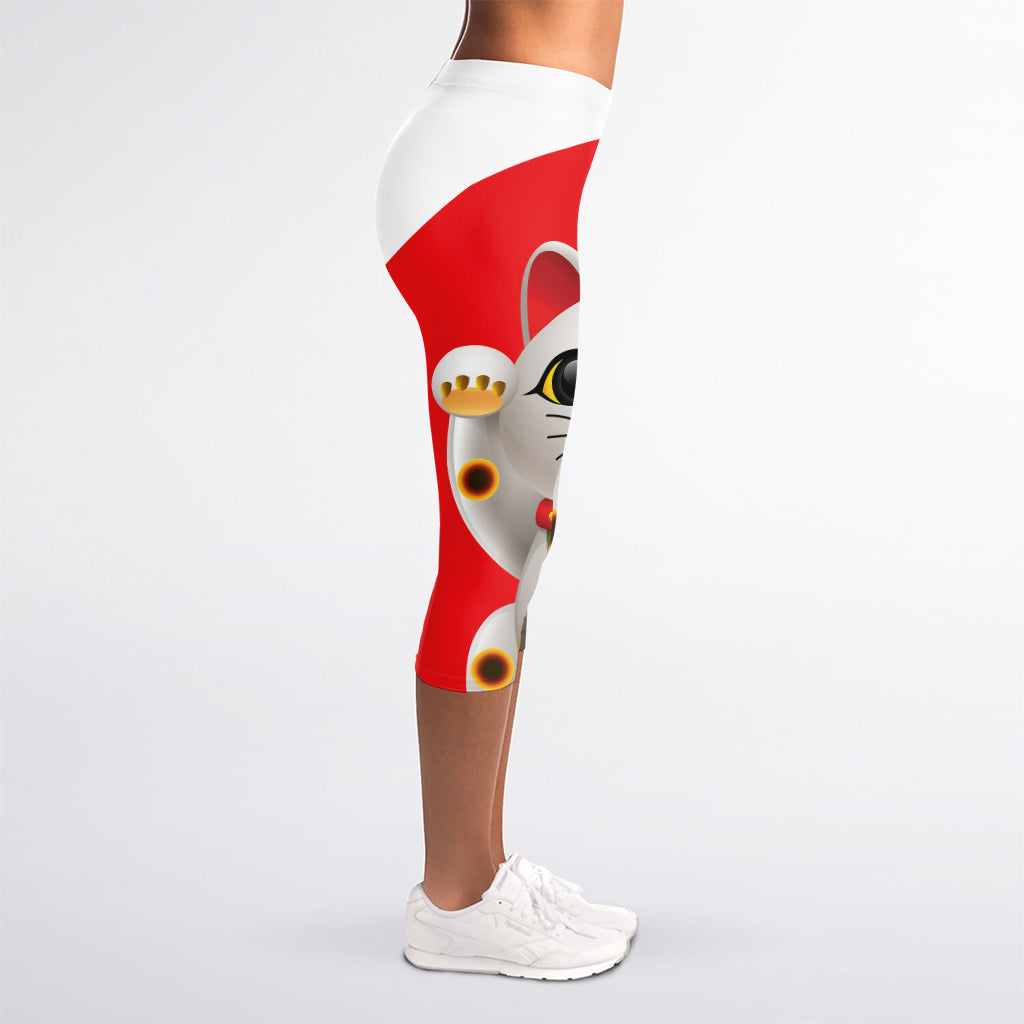 Japanese Lucky Cat Maneki Neko Print Women's Capri Leggings