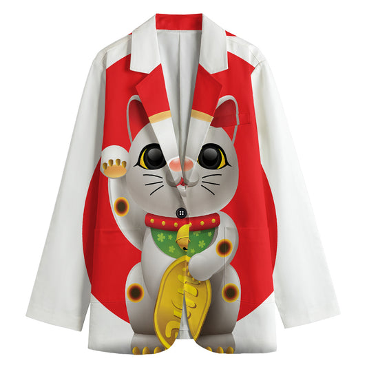 Japanese Lucky Cat Maneki Neko Print Women's Cotton Blazer