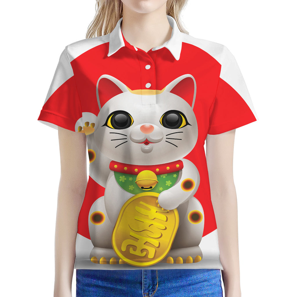 Japanese Lucky Cat Maneki Neko Print Women's Polo Shirt