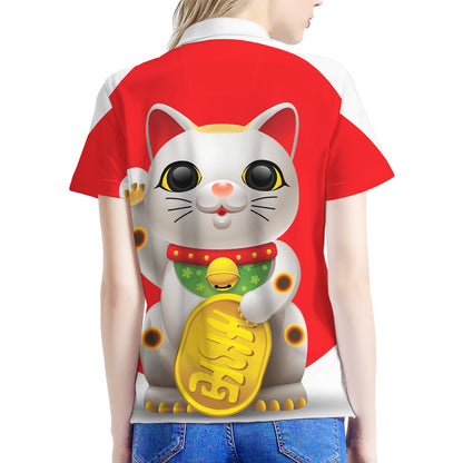 Japanese Lucky Cat Maneki Neko Print Women's Polo Shirt