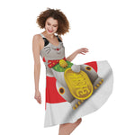 Japanese Lucky Cat Maneki Neko Print Women's Sleeveless Dress
