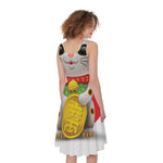 Japanese Lucky Cat Maneki Neko Print Women's Sleeveless Dress