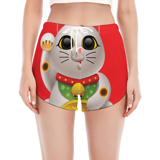 Japanese Lucky Cat Maneki Neko Print Women's Split Running Shorts