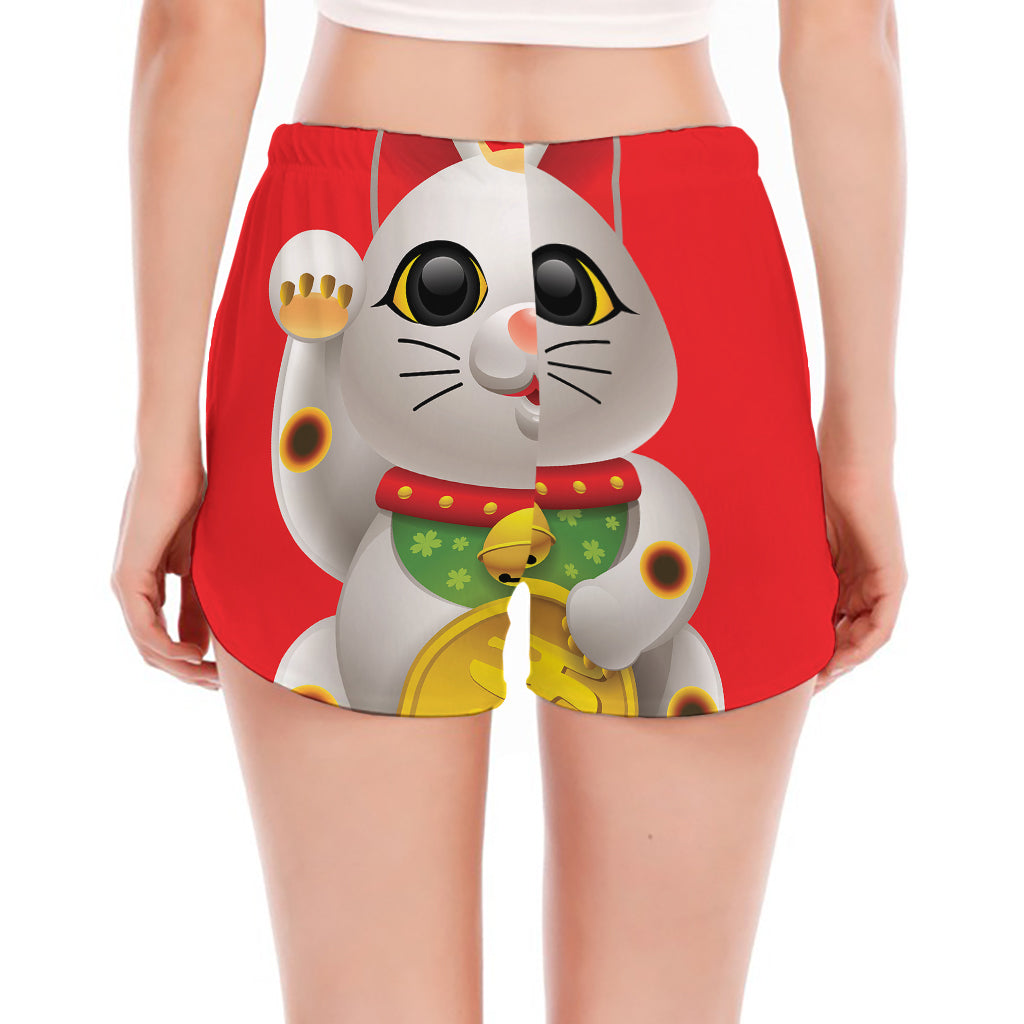 Japanese Lucky Cat Maneki Neko Print Women's Split Running Shorts