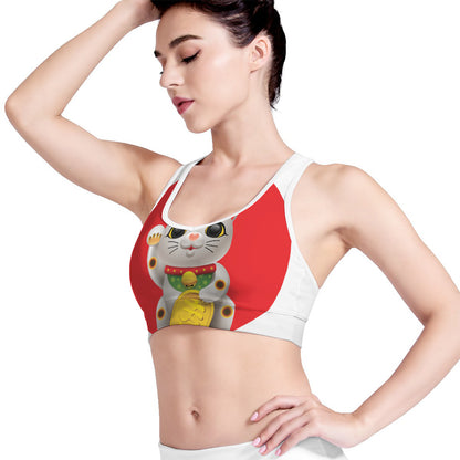 Japanese Lucky Cat Maneki Neko Print Women's Sports Bra