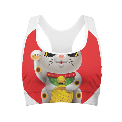 Japanese Lucky Cat Maneki Neko Print Women's Sports Bra