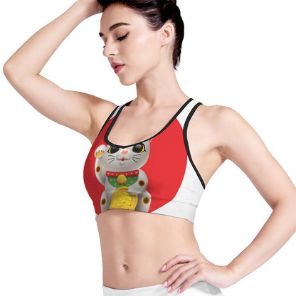 Japanese Lucky Cat Maneki Neko Print Women's Sports Bra