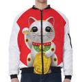 Japanese Lucky Cat Maneki Neko Print Zip Sleeve Bomber Jacket
