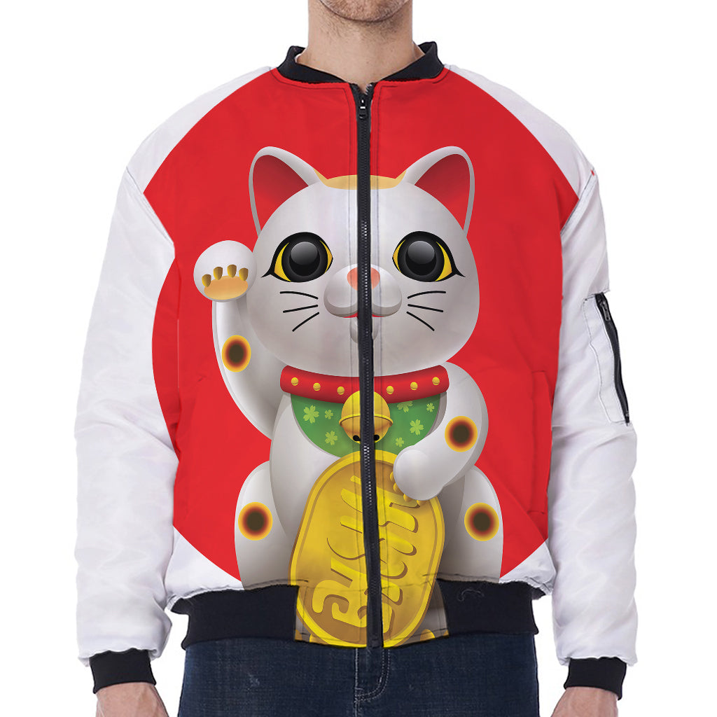 Japanese Lucky Cat Maneki Neko Print Zip Sleeve Bomber Jacket
