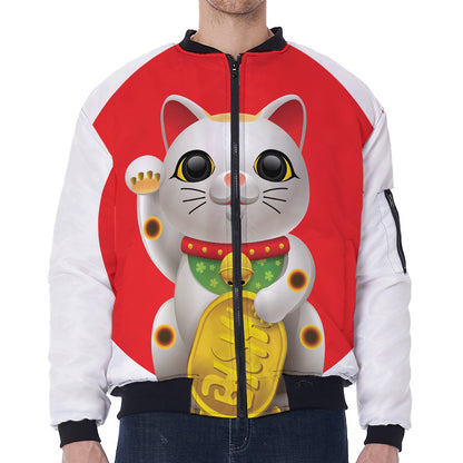 Japanese Lucky Cat Maneki Neko Print Zip Sleeve Bomber Jacket
